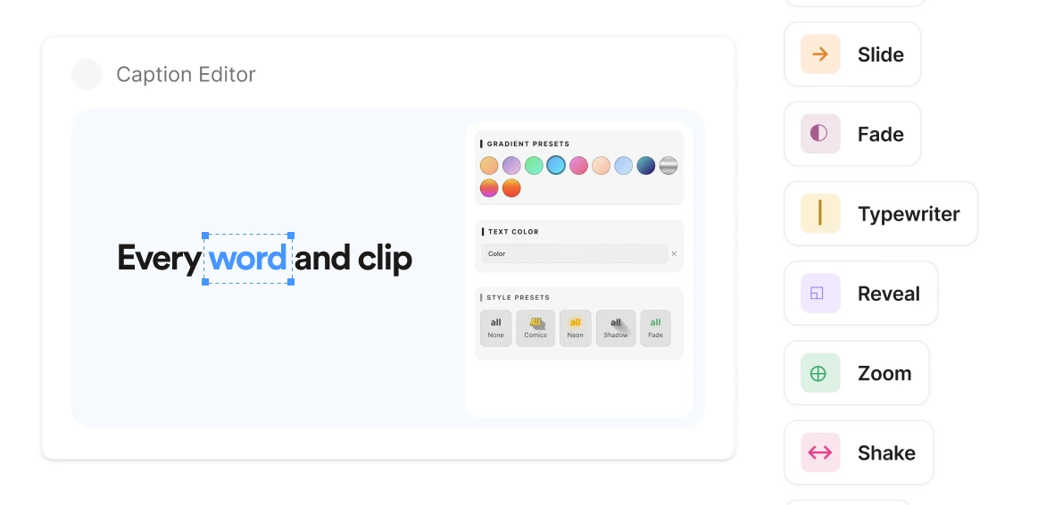 Caption editor styling a word with gradient presets, text color, and style presets