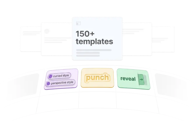 150+ caption templates including curved style, perspective style, punch, and reveal