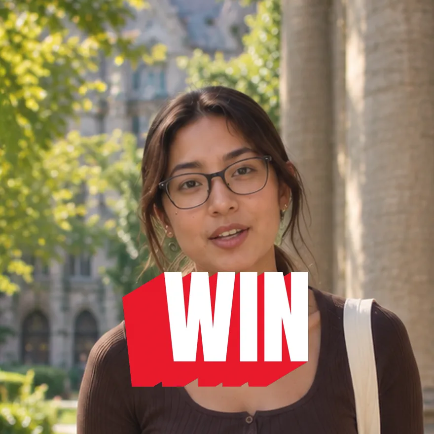 A creator talking to camera with the word WIN in extruded 3D type