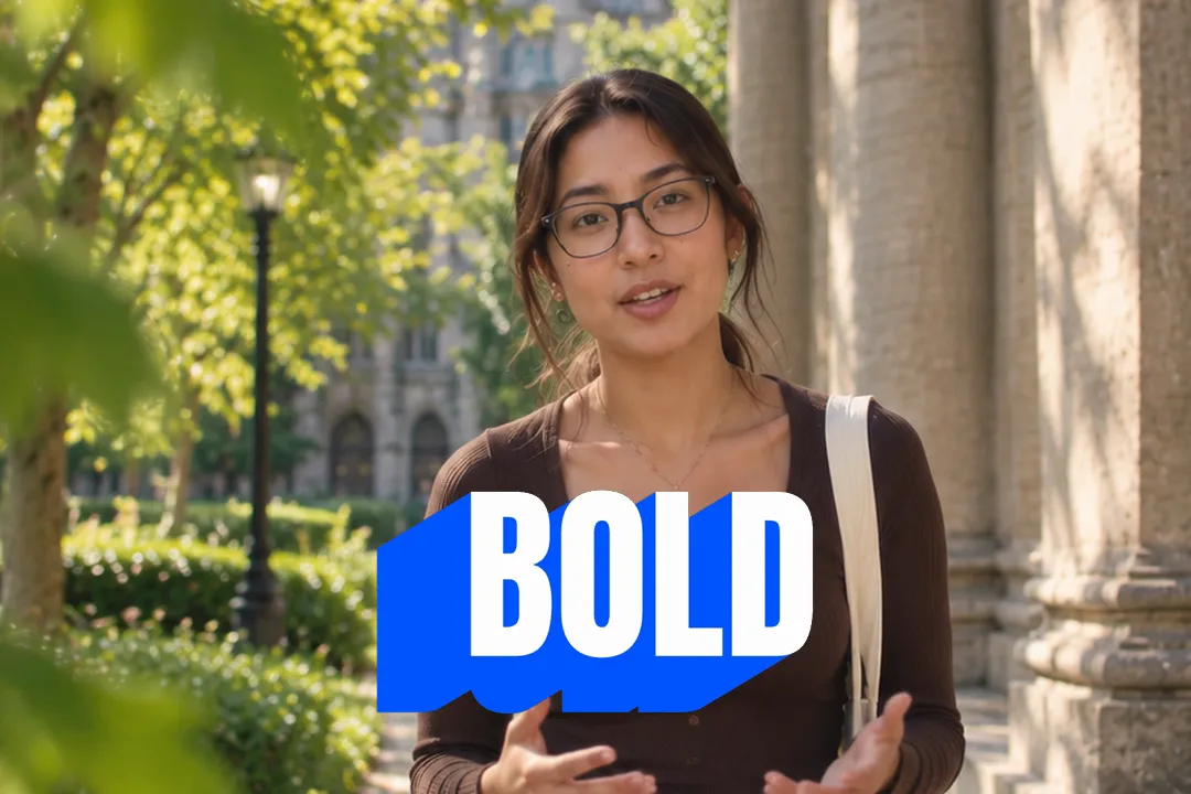 A creator talking to camera with the word BOLD in extruded 3D type