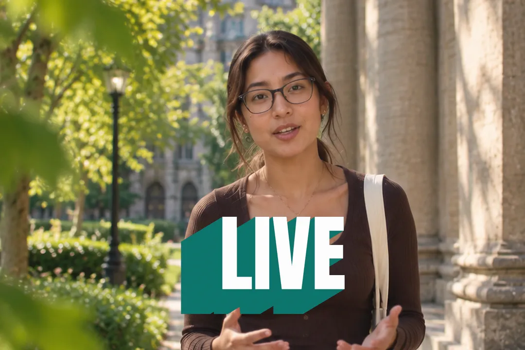 A creator talking to camera with the word LIVE in extruded 3D type