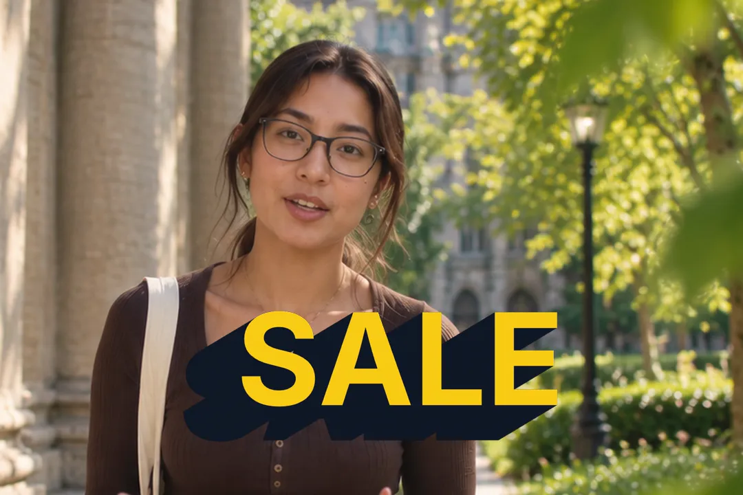 A creator talking to camera with the word SALE in extruded 3D type