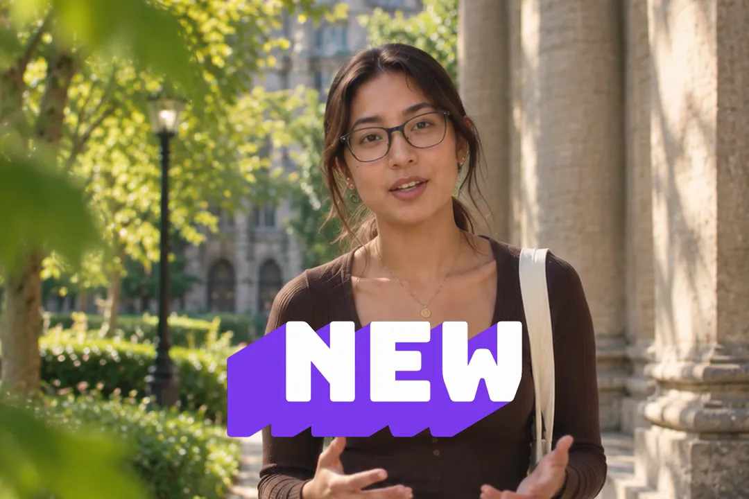 A creator talking to camera with the word NEW in extruded 3D type