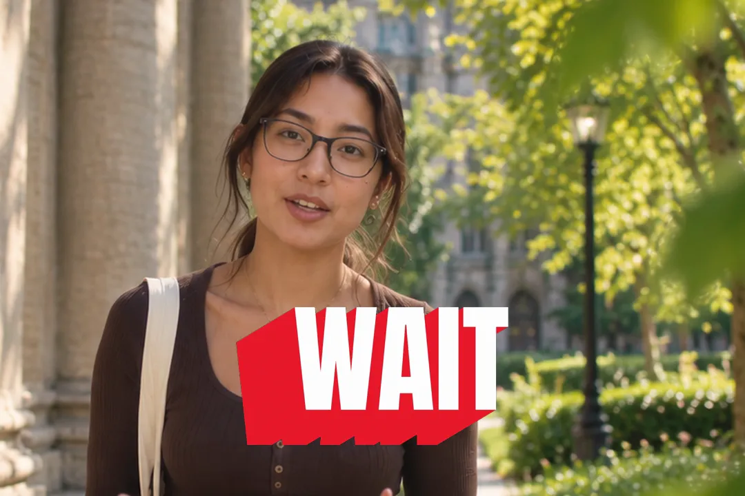 A creator talking to camera with the word WAIT in extruded 3D type
