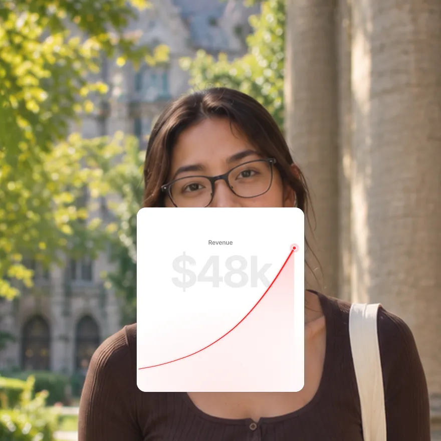 A creator talking to camera with a glowing line chart card for Revenue