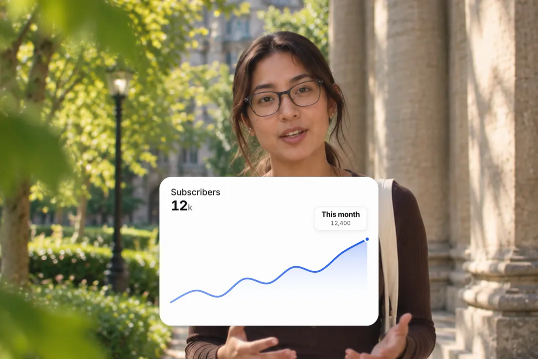 A creator talking to camera with an animated line chart card titled Subscribers