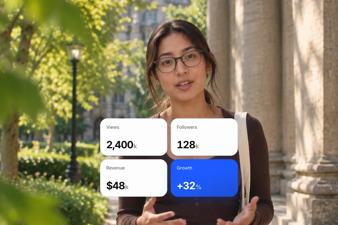 A creator talking to camera with a grid of four stat tiles