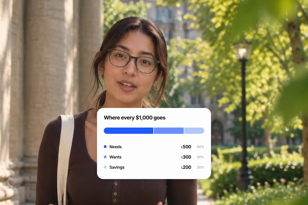 A creator talking to camera with a budget split bar card