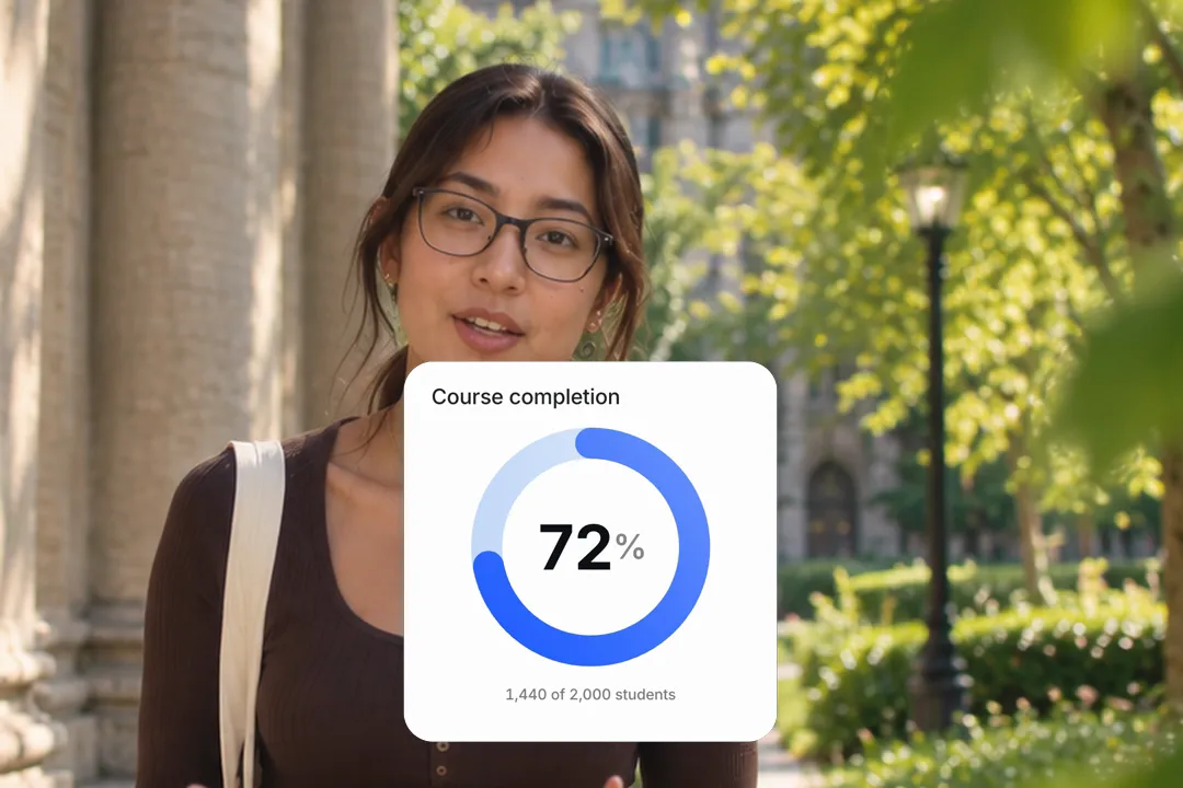 A creator talking to camera with a ring progress card titled Course completion