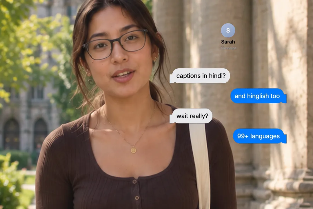 A creator talking to camera with a text message thread starting can I get captions in hindi