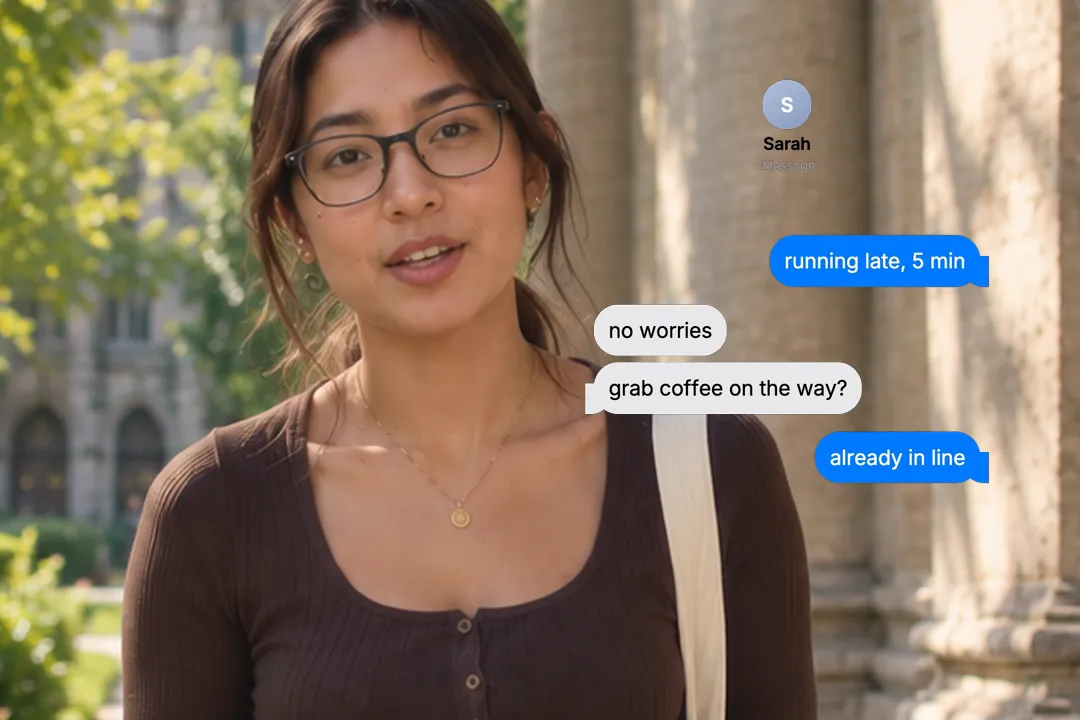 A creator talking to camera with a text message thread starting running late, 5 min