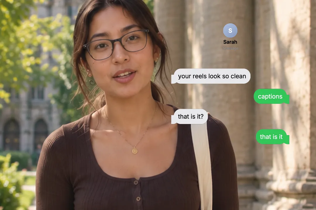 A creator talking to camera with a text message thread starting why do your reels look so clean