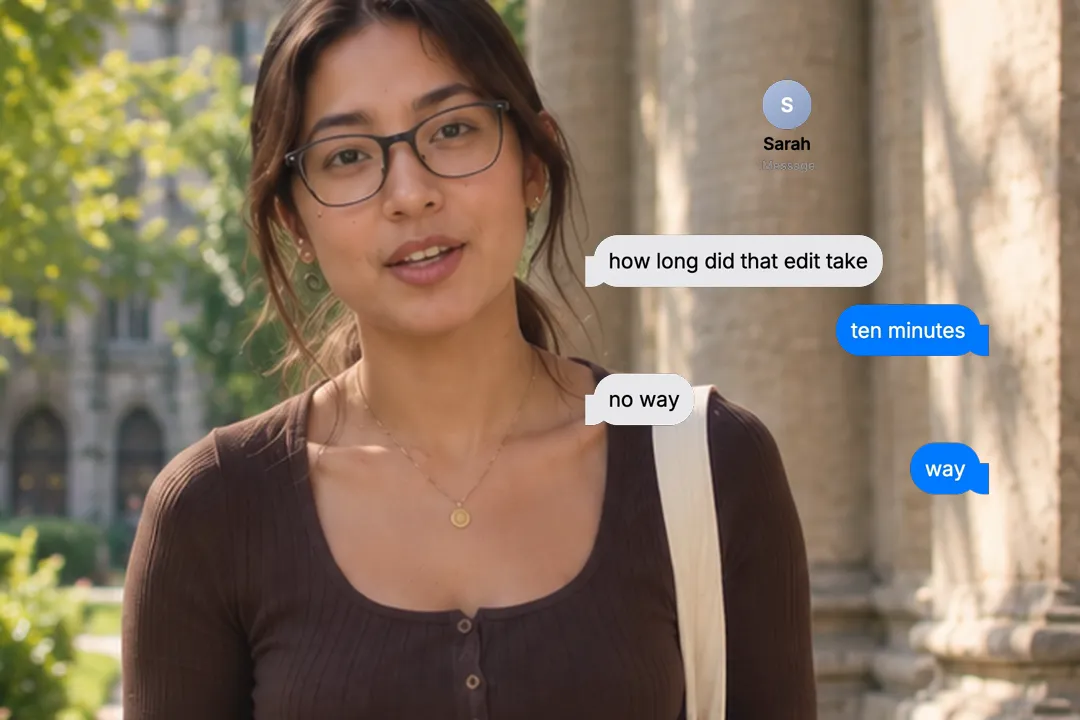A creator talking to camera with a text message thread starting how long did that edit take