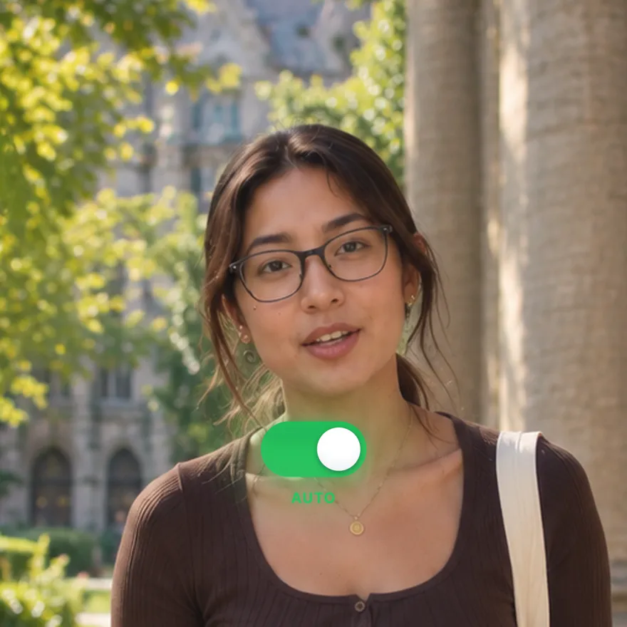 A creator talking to camera with a glowing toggle switch flipping from OFF to AUTO