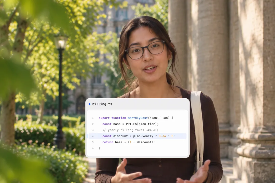 A creator talking to camera with a typing code block