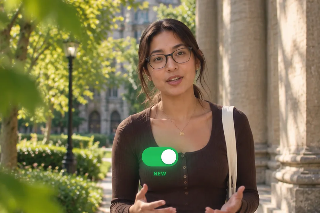 A creator talking to camera with a glowing toggle switch flipping from OLD to NEW