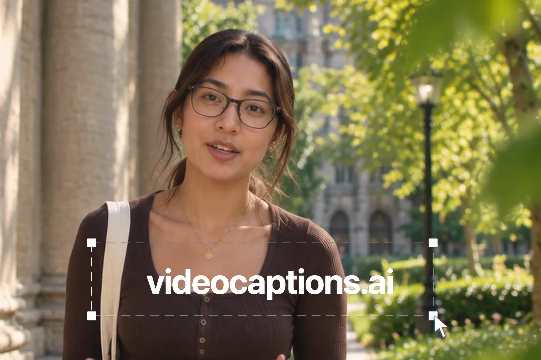 A creator talking to camera with a cursor selection box around the words videocaptions.ai