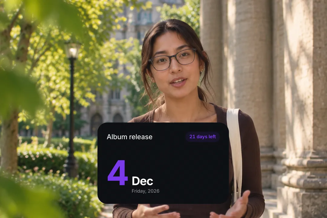A creator talking to camera with a countdown card for Album release on 2026-12-04