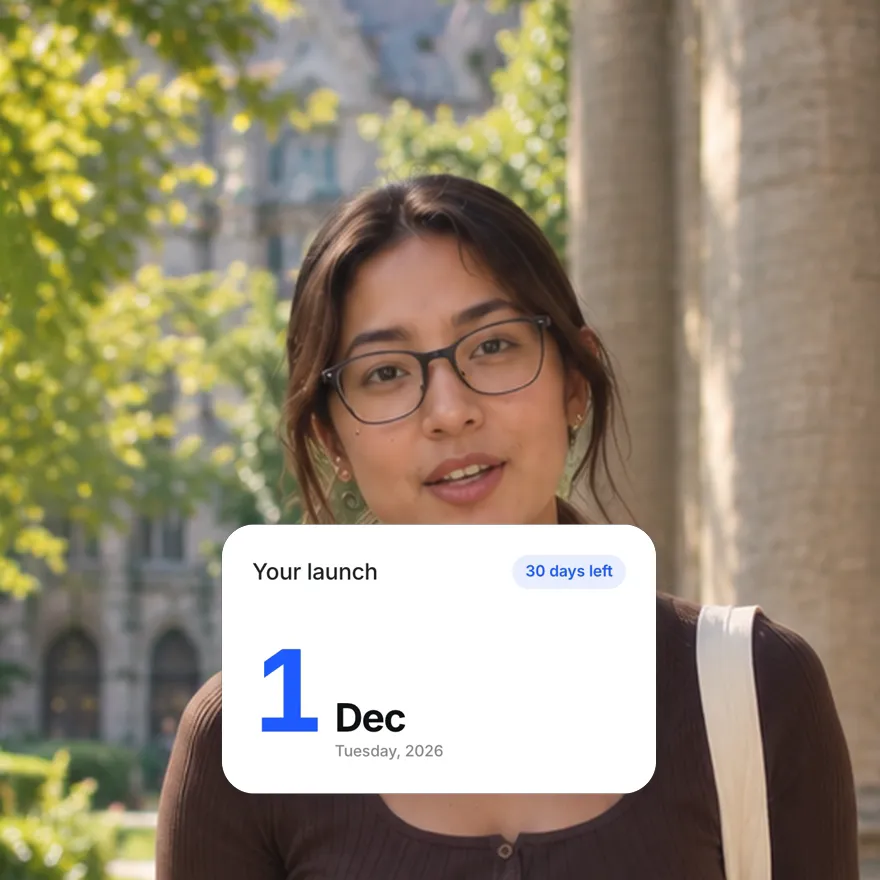 A creator talking to camera with a countdown card for Your launch on 2026-12-01