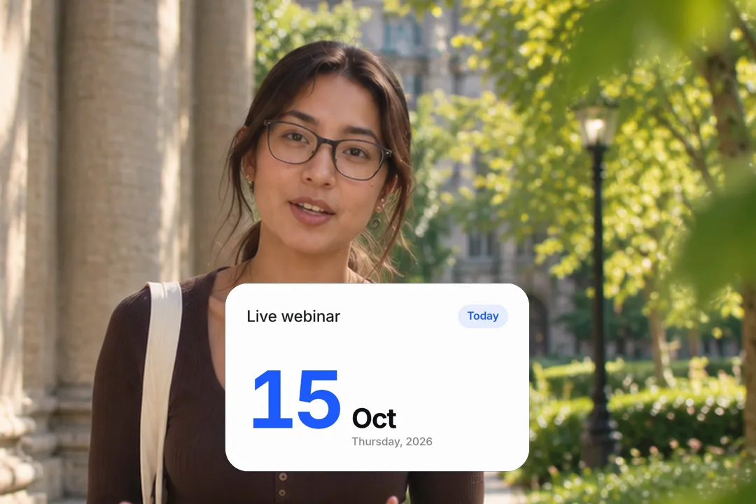 A creator talking to camera with a countdown card for Live webinar on 2026-10-15