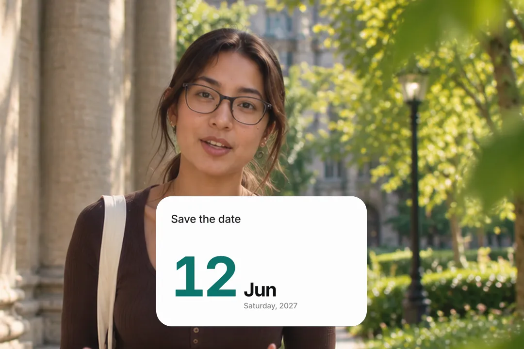 A creator talking to camera with a countdown card for Save the date on 2027-06-12, with no days-left figure