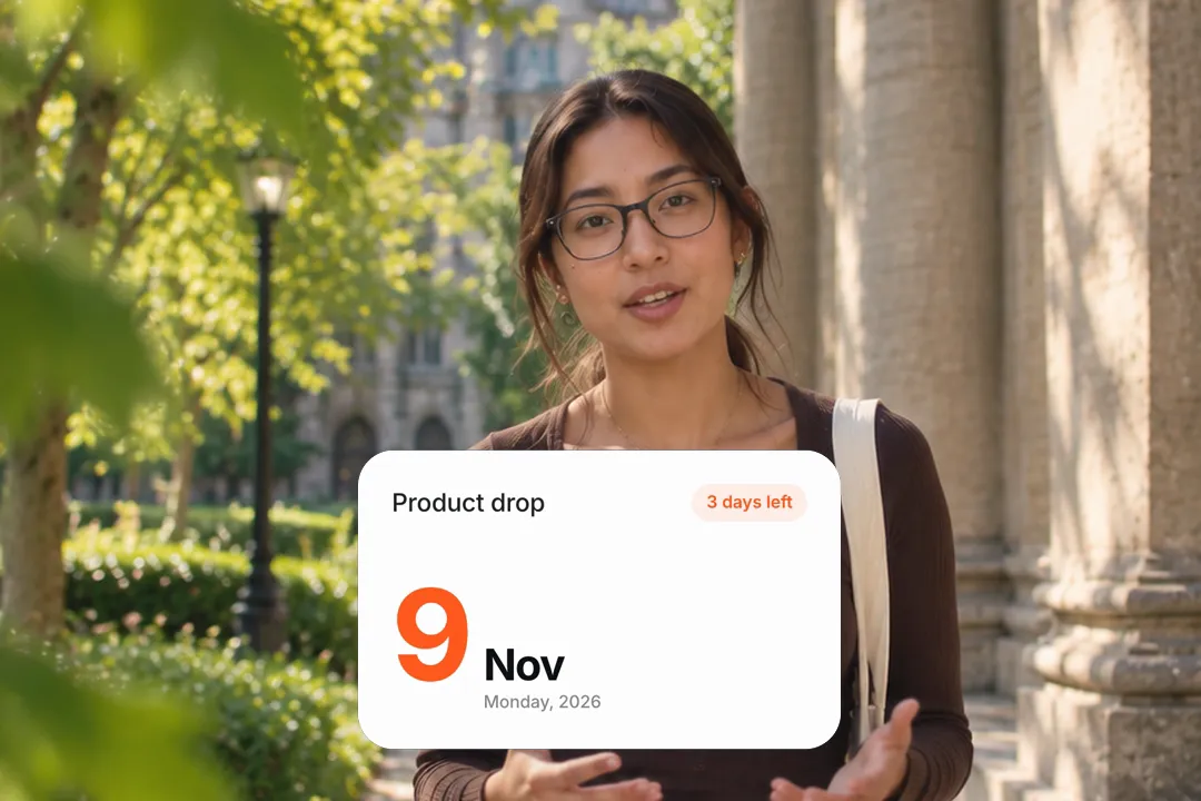 A creator talking to camera with a countdown card for Product drop on 2026-11-09