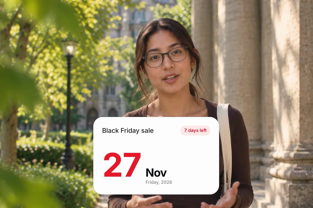 A creator talking to camera with a countdown card for Black Friday sale on 2026-11-27