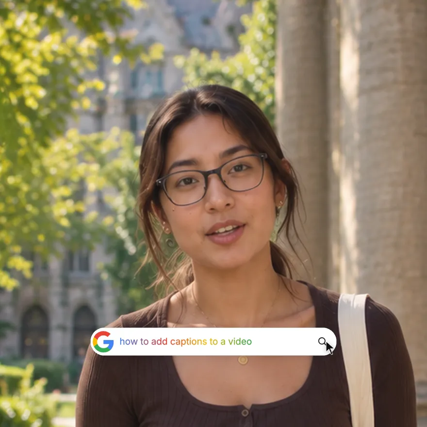 A creator talking to camera with a search bar typing "how to add captions to a video" with the cursor on the search button