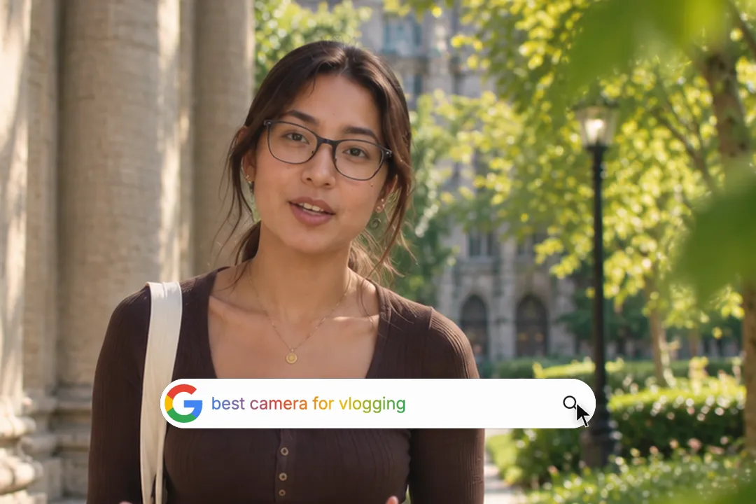 A creator talking to camera with a search bar typing "best camera for vlogging" with the cursor on the search button