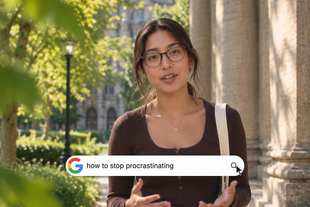 A creator talking to camera with a search bar typing "how to stop procrastinating" with the cursor on the search button