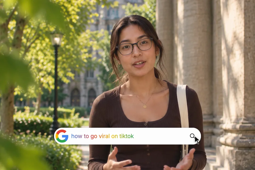 A creator talking to camera with a search bar typing "how to go viral on tiktok" with the cursor on the search button