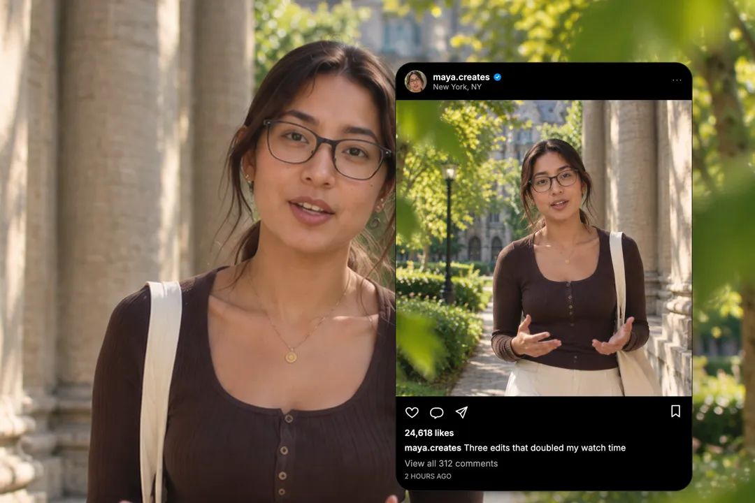 A creator talking to camera with an Instagram-style post mockup from maya.creates