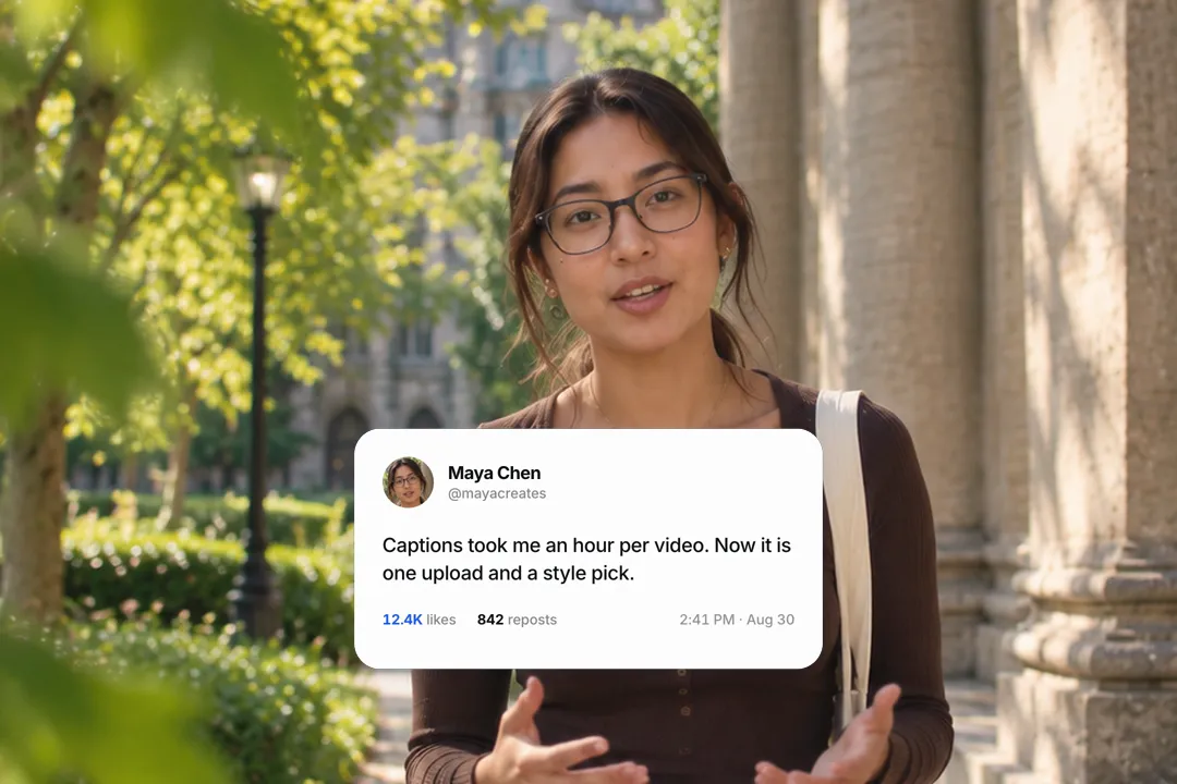 A creator talking to camera with a clean social post card