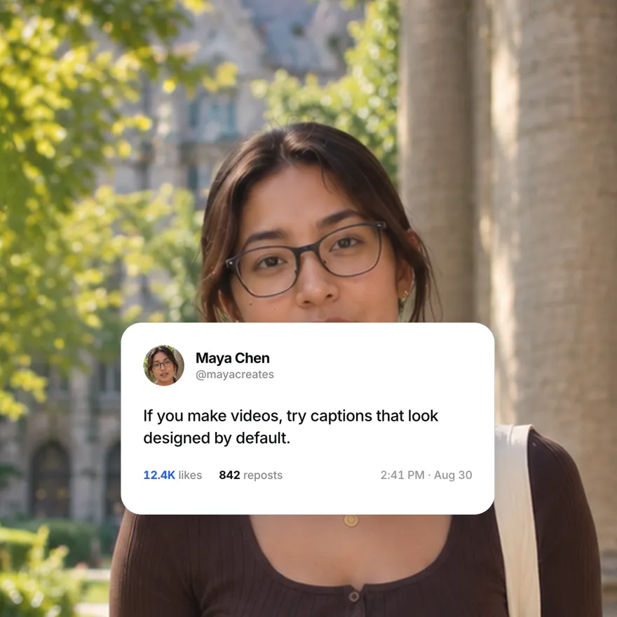 A creator talking to camera with a clean social post card