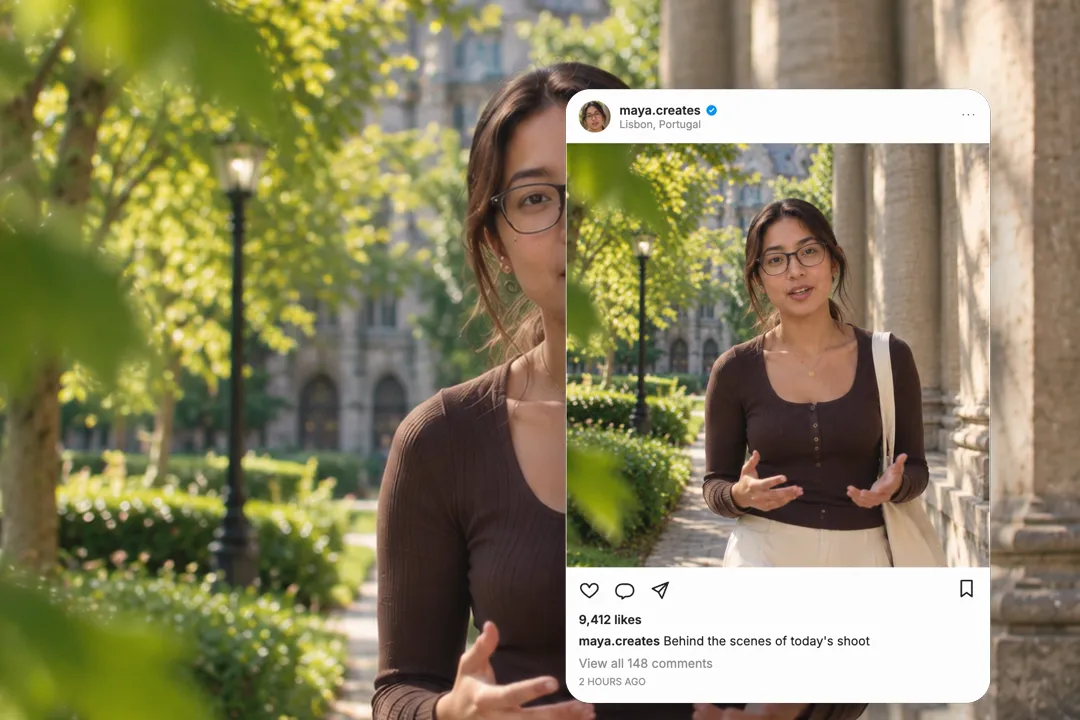 A creator talking to camera with an Instagram-style post mockup from maya.creates