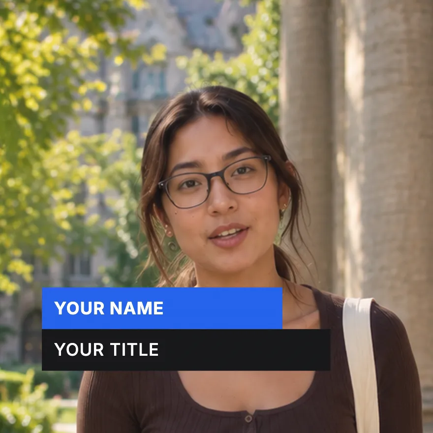 A creator talking to camera with a two-bar lower third reading Your Name, Your title