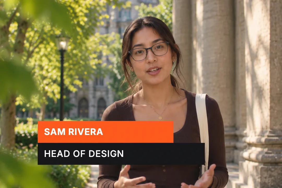 A creator talking to camera with a two-bar lower third reading Sam Rivera, Head of design