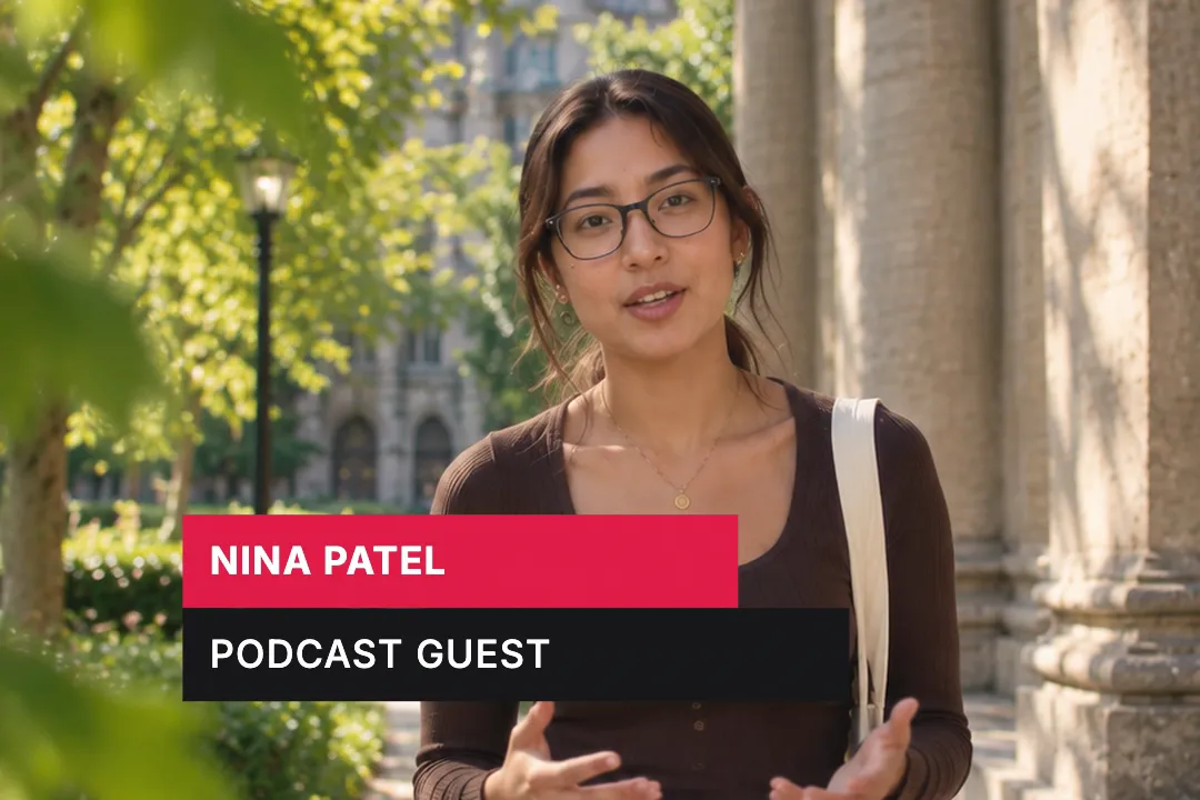 A creator talking to camera with a two-bar lower third reading Nina Patel, Podcast guest