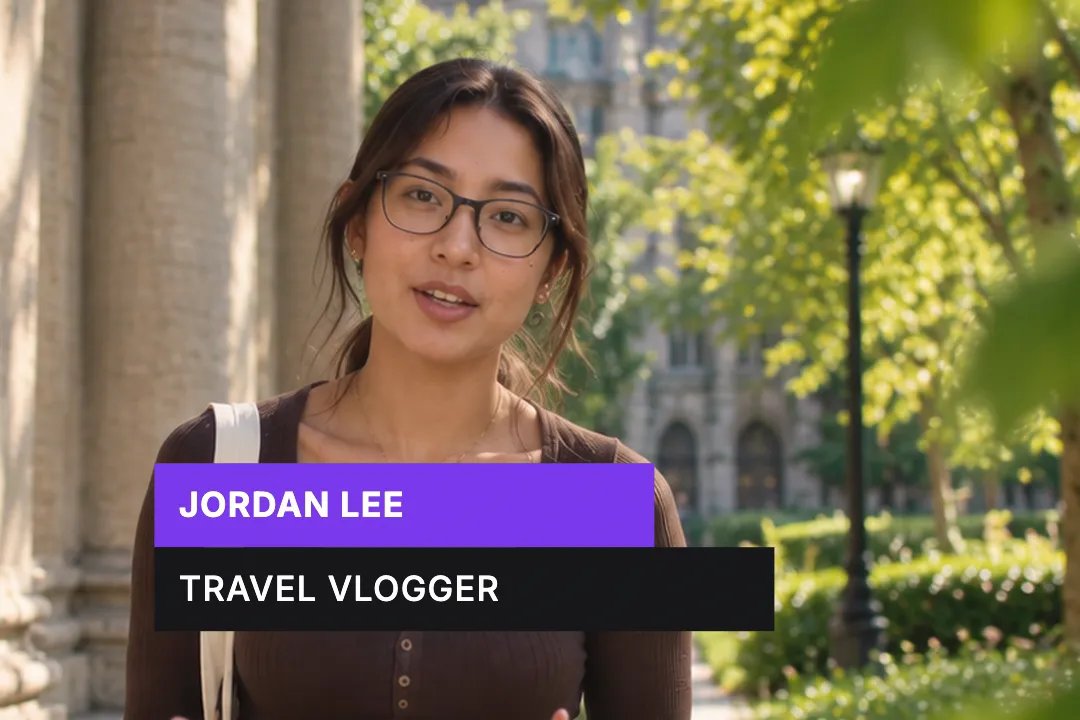 A creator talking to camera with a two-bar lower third reading Jordan Lee, Travel vlogger