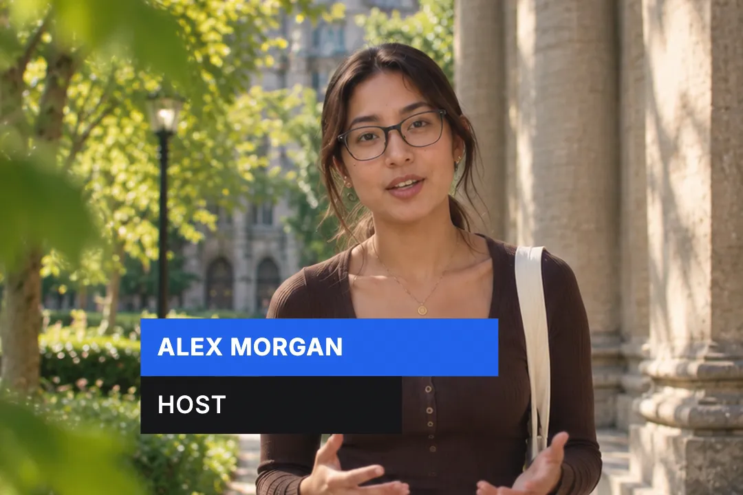 A creator talking to camera with a two-bar lower third reading Alex Morgan, Host