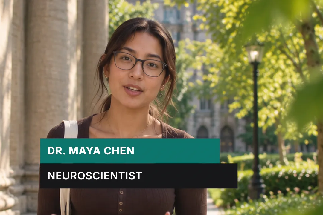 A creator talking to camera with a two-bar lower third reading Dr. Maya Chen, Neuroscientist