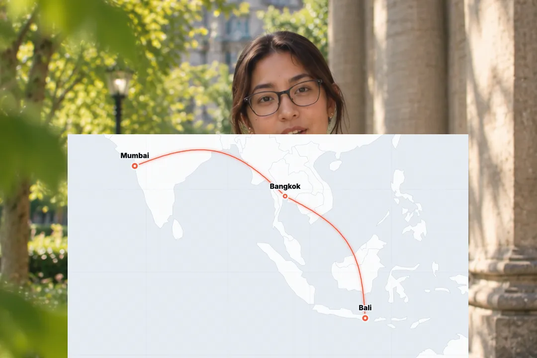 A creator talking to camera with a travel route map from Mumbai to Bangkok to Bali