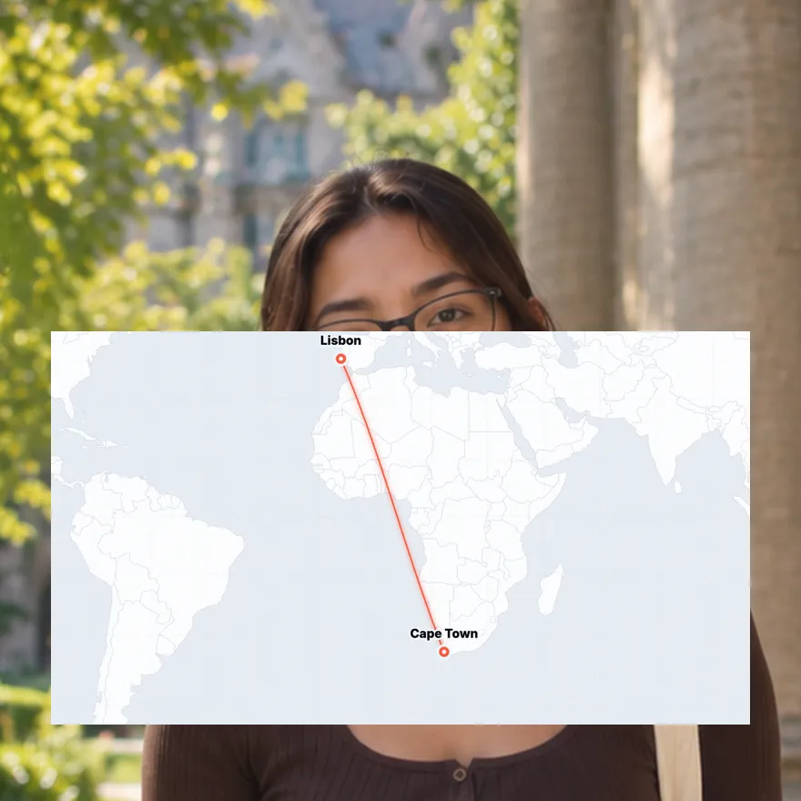 A creator talking to camera with a travel route map from Lisbon to Cape Town
