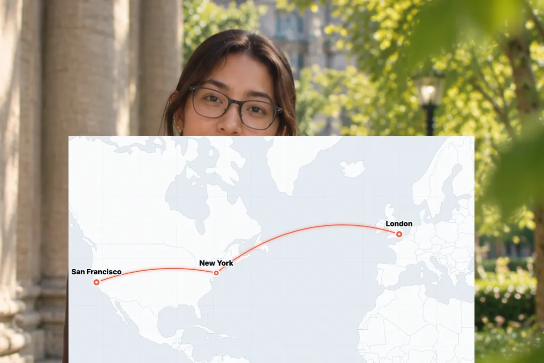 A creator talking to camera with a travel route map from San Francisco to New York to London