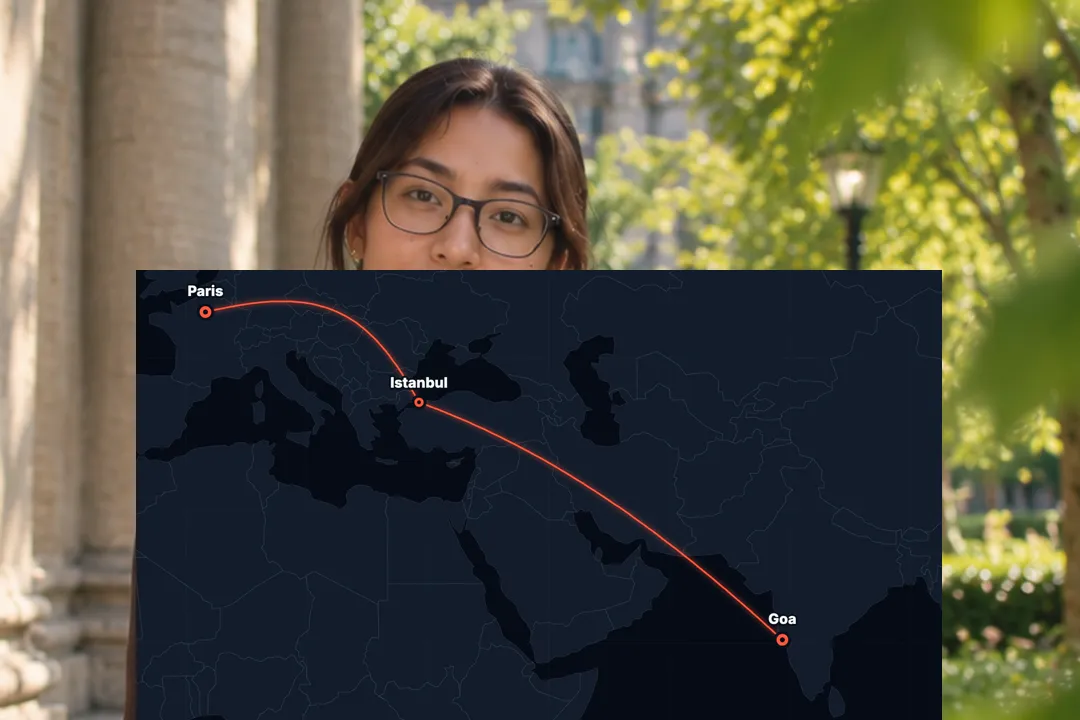 A creator talking to camera with a travel route map from Paris to Istanbul to Goa