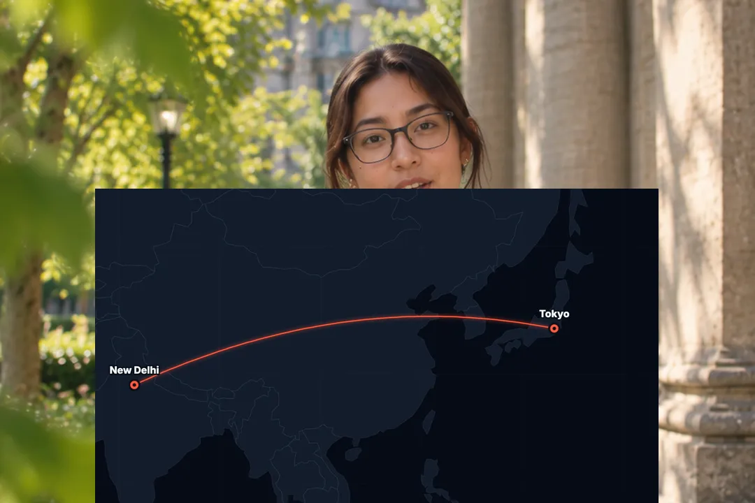 A creator talking to camera with a travel route map from New Delhi to Tokyo