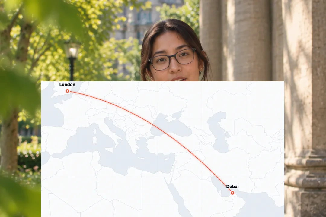 A creator talking to camera with a travel route map from London to Dubai