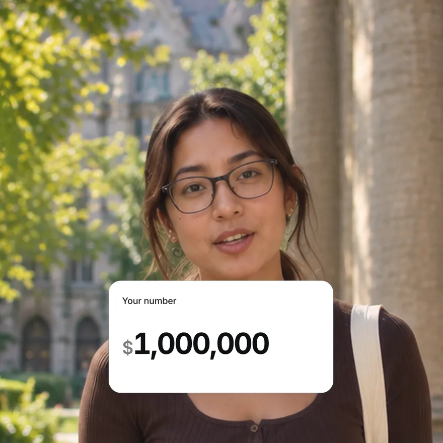 A creator talking to camera with a money counter card: Your number, $1,000,000