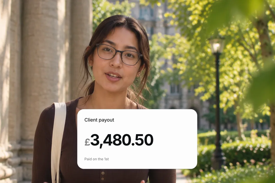 A creator talking to camera with a money counter card: Client payout, £3,480.50