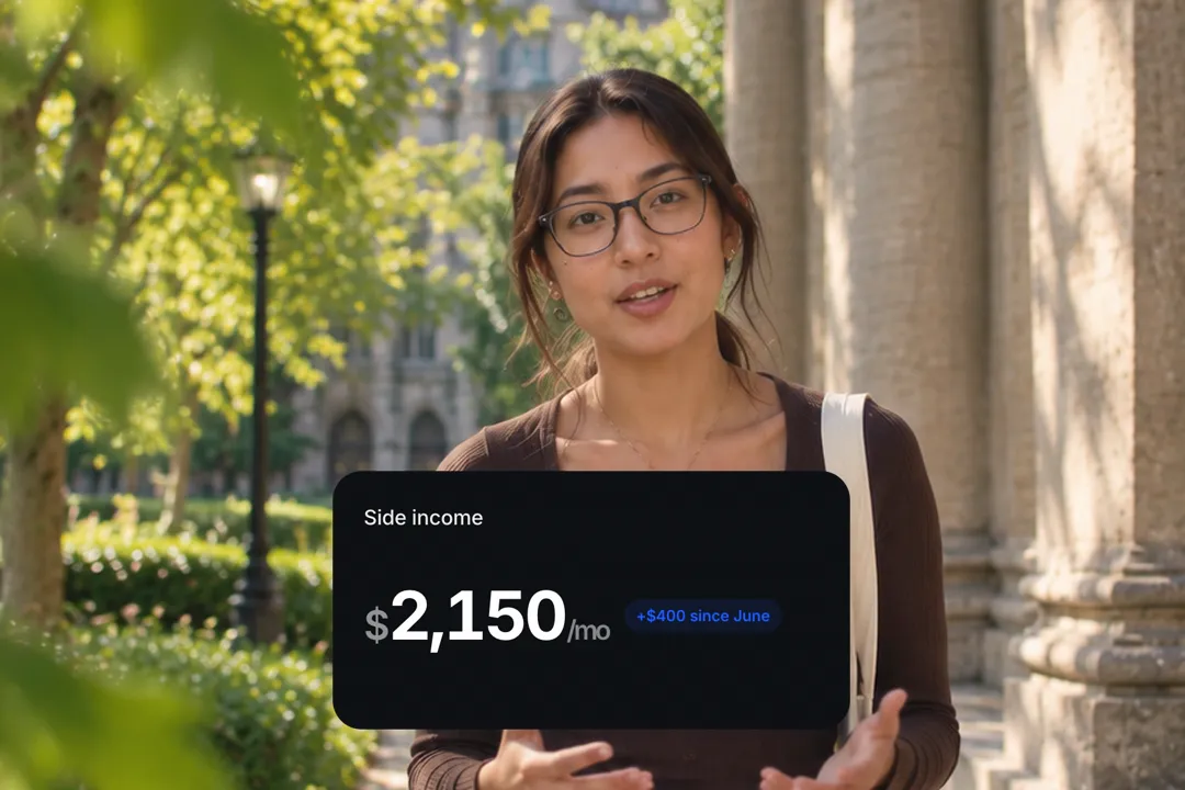 A creator talking to camera with a money counter card: Side income, $2,150/mo